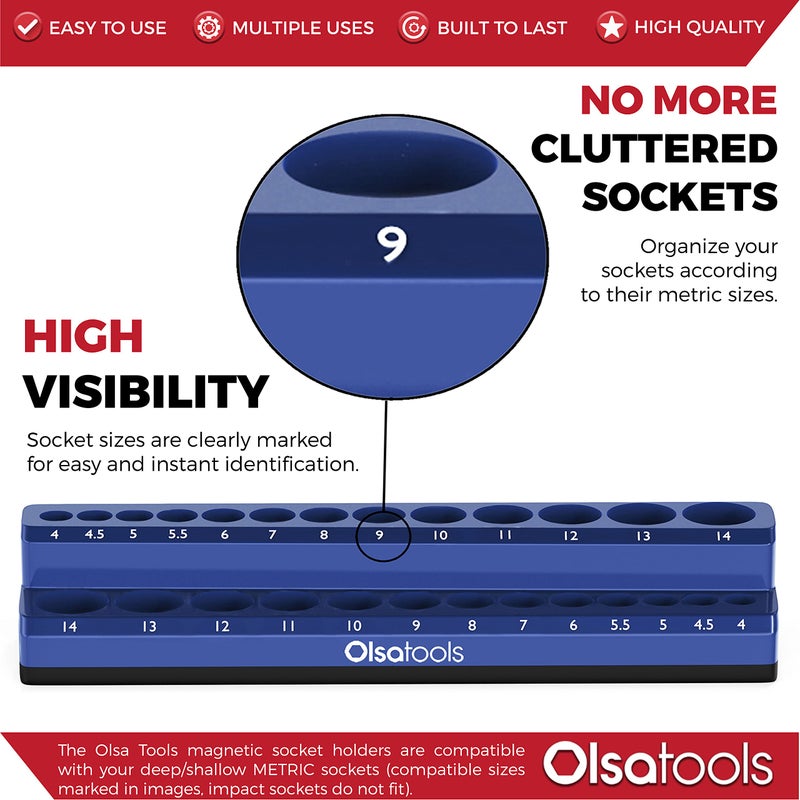 Olsa Tools Magnetic Socket Holder | 1/4-inch Drive | Metric | Blue | Holds 26 Sockets | Professional Quality Tools Organizer - Image 2